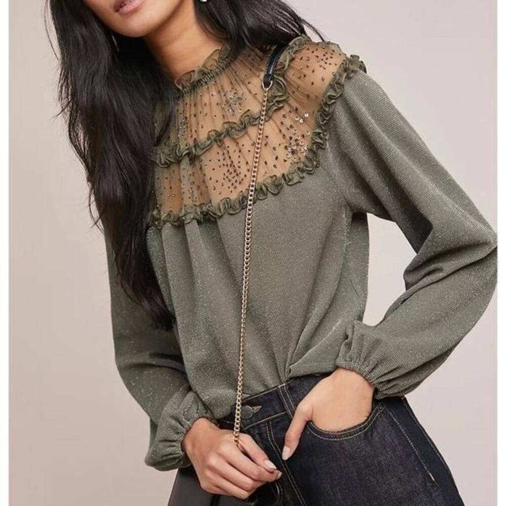 Anthropologie Top Womens Extra Small Ranna Gill Bowen Ruffle‎ Sequin Metallic